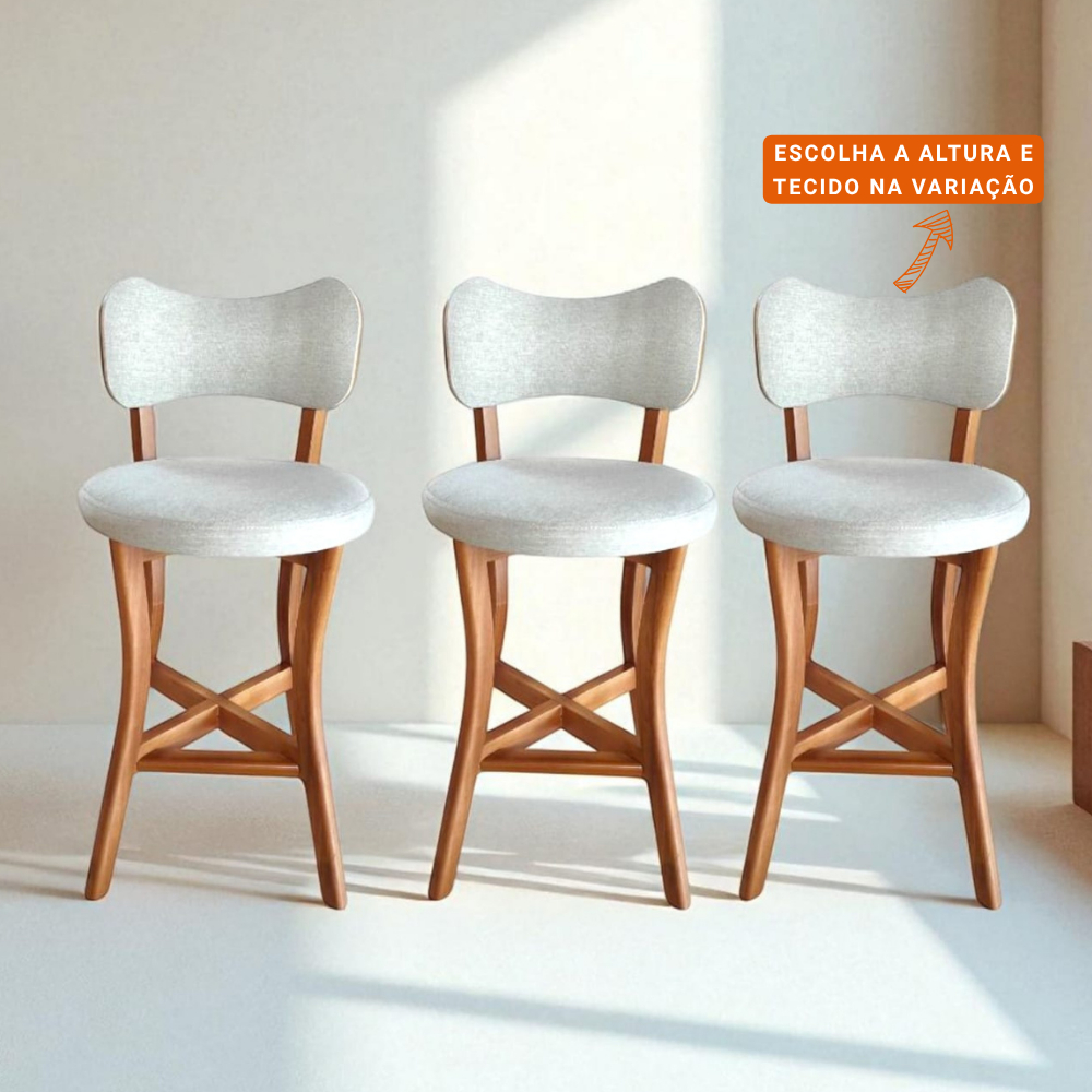 Banqueta com Encosto Linho Bege 3 unidades Conforto Beleza Madeira Maciça Estofado Premium