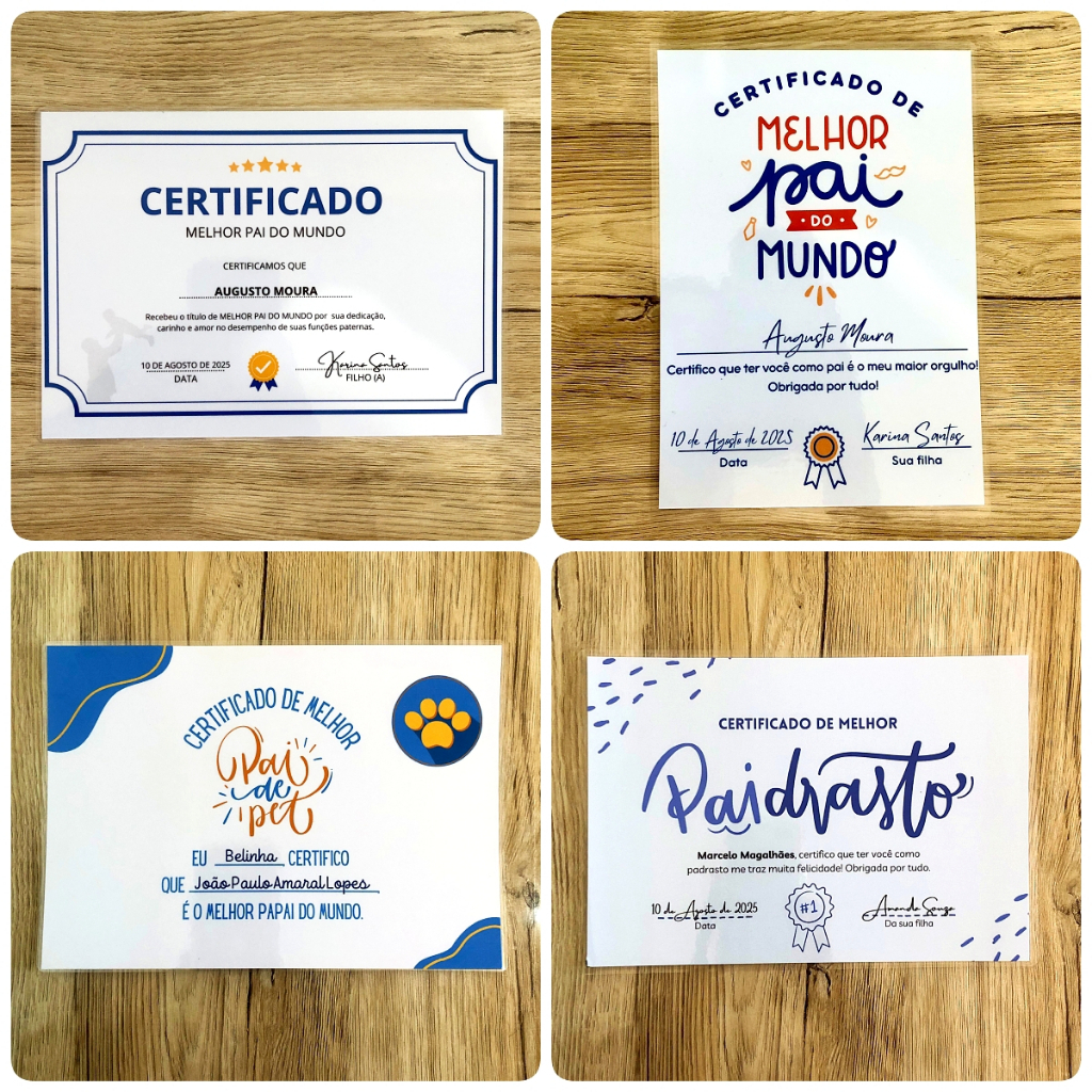 Certificado Plastificado MELHOR PAI, PAIDRASTO, PAI DE PET DO MUNDO - Presente para o Dia dos Pais/Aniversário do Pai