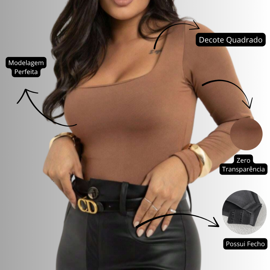 Body Decote Quadrado Manga Longa Feminin Segunda Pele Blusa Frio Collant