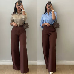 Calça Pantalona Alfaiataria Premium Com Bolso Cintura Alta Wide Leg Calça Moda Social Elegante
