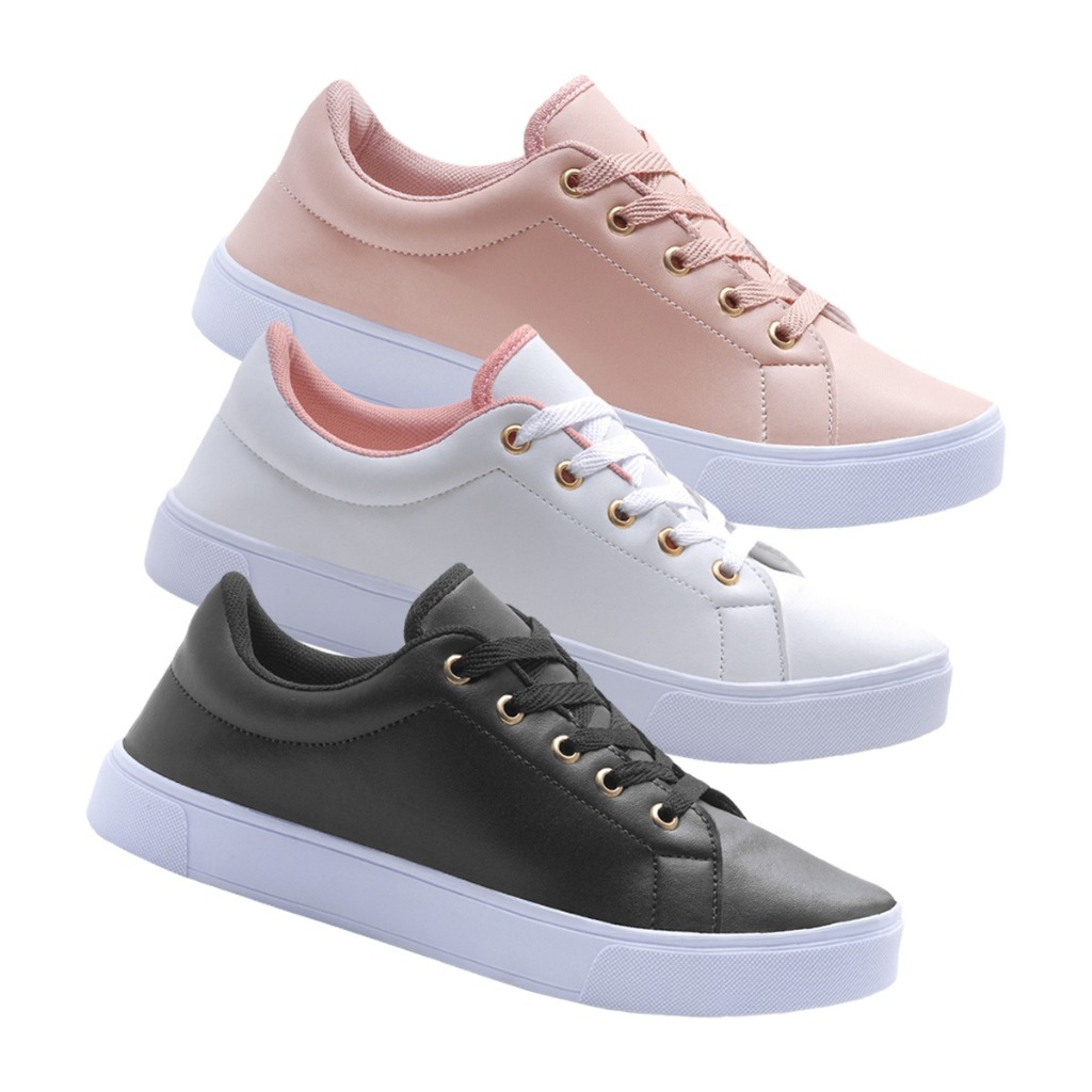 Kit 3 Tênis Feminino Casual Branco Preto Rose em Oferta na Shopee