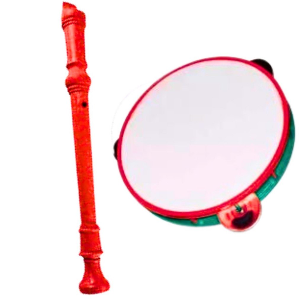 Kit 2 Instrumentos Brinquedo Flauta Pandeiro Grande Educacional Flauta Infantil Festa Junina