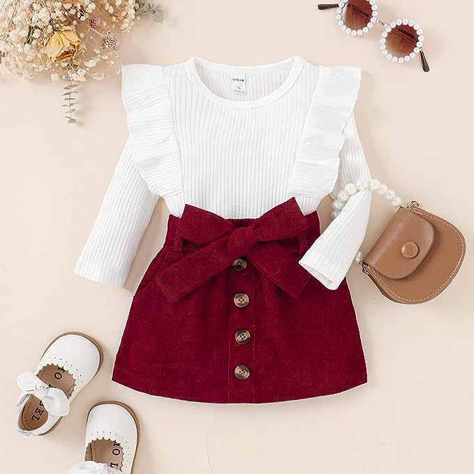 Roupa Infantil Menina Conjunto Infantil Menina - Saia Vinho + Laço + Blusa Branca -  Kit 3 peças para Menina 9 10 11 12