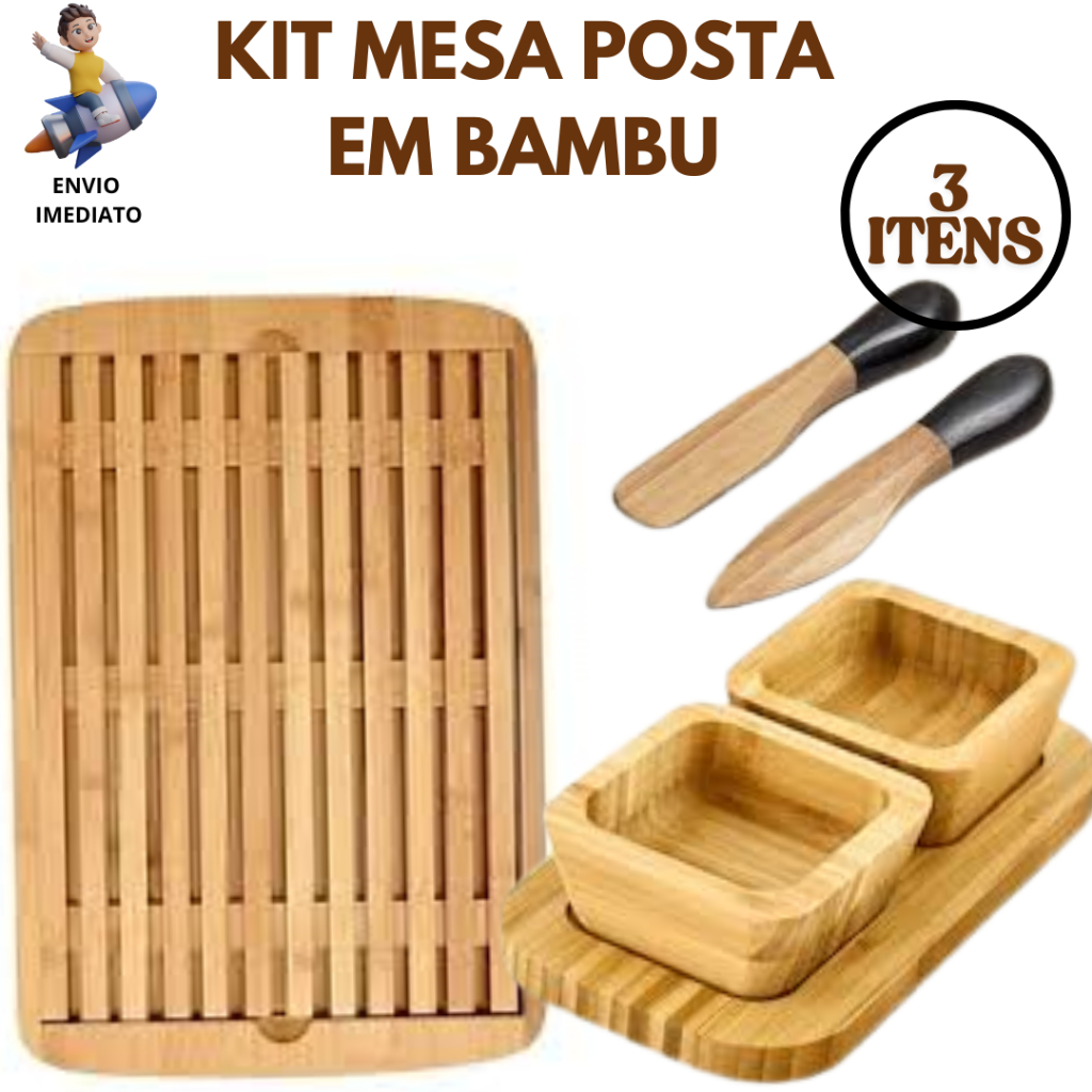 Kit 3 Peças Mesa Posta Em Bambu Migalheira, Utensílios Antepastos E Petisqueira