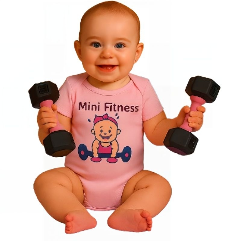 Body Bebê Rosa Mini Fitness + Chocalho Haltere | Look Academia Menina