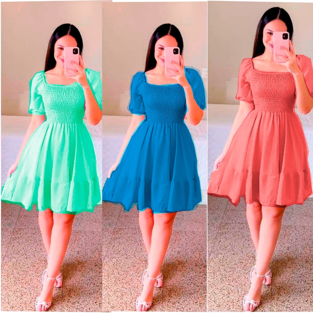 Vestido feminino curto com manga bufante lastex premium REF 110 em Oferta na Shopee