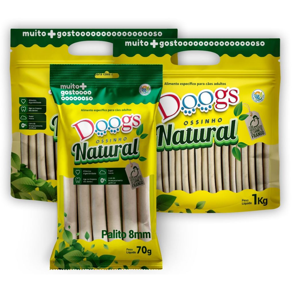 Ossinho Natural Palito DOOGS | Petisco Cão Limpa Dentes Mandioca Sem Couro | 3 Opções Disponíveis