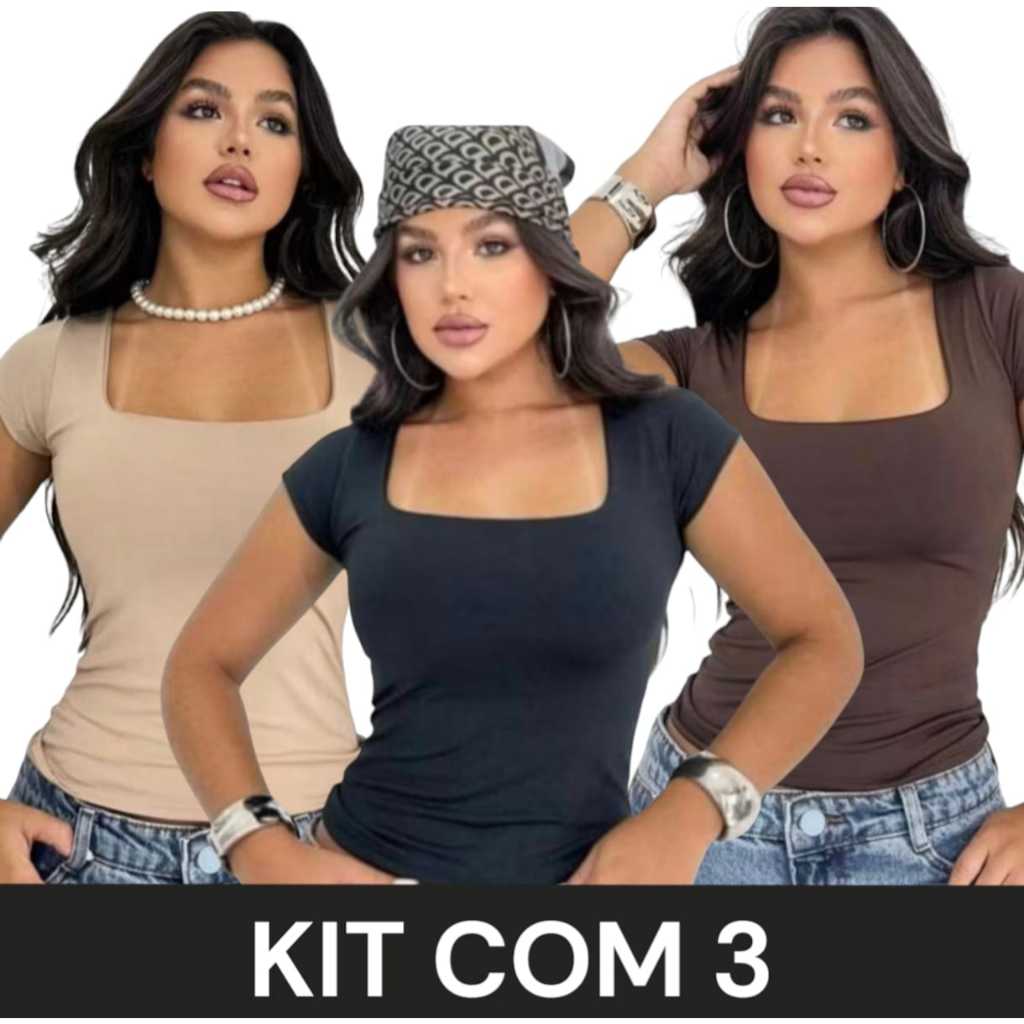Kit 3 Blusinha Feminina Básica Tendencia blusa moda Blogueira decote quadrado