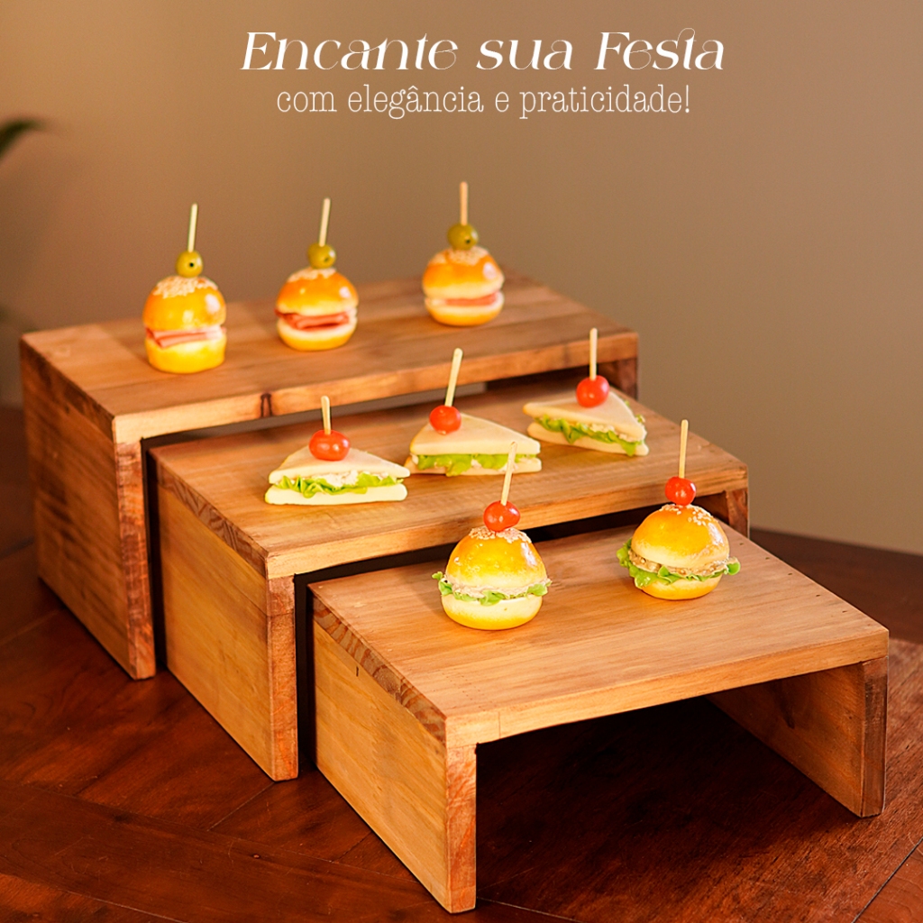 Kit Jogo Conjunto Trio Escadinha Expositor Bandeja para Doces Frios Festa Pegue Monte Buffet