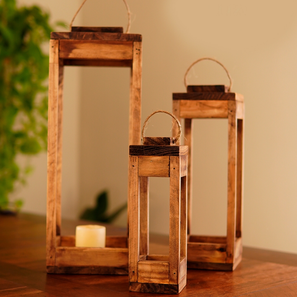 Kit Trio Conjunto Lanterna Luminária Marroquina Madeira Para Decoração de Festas Casamento Velas