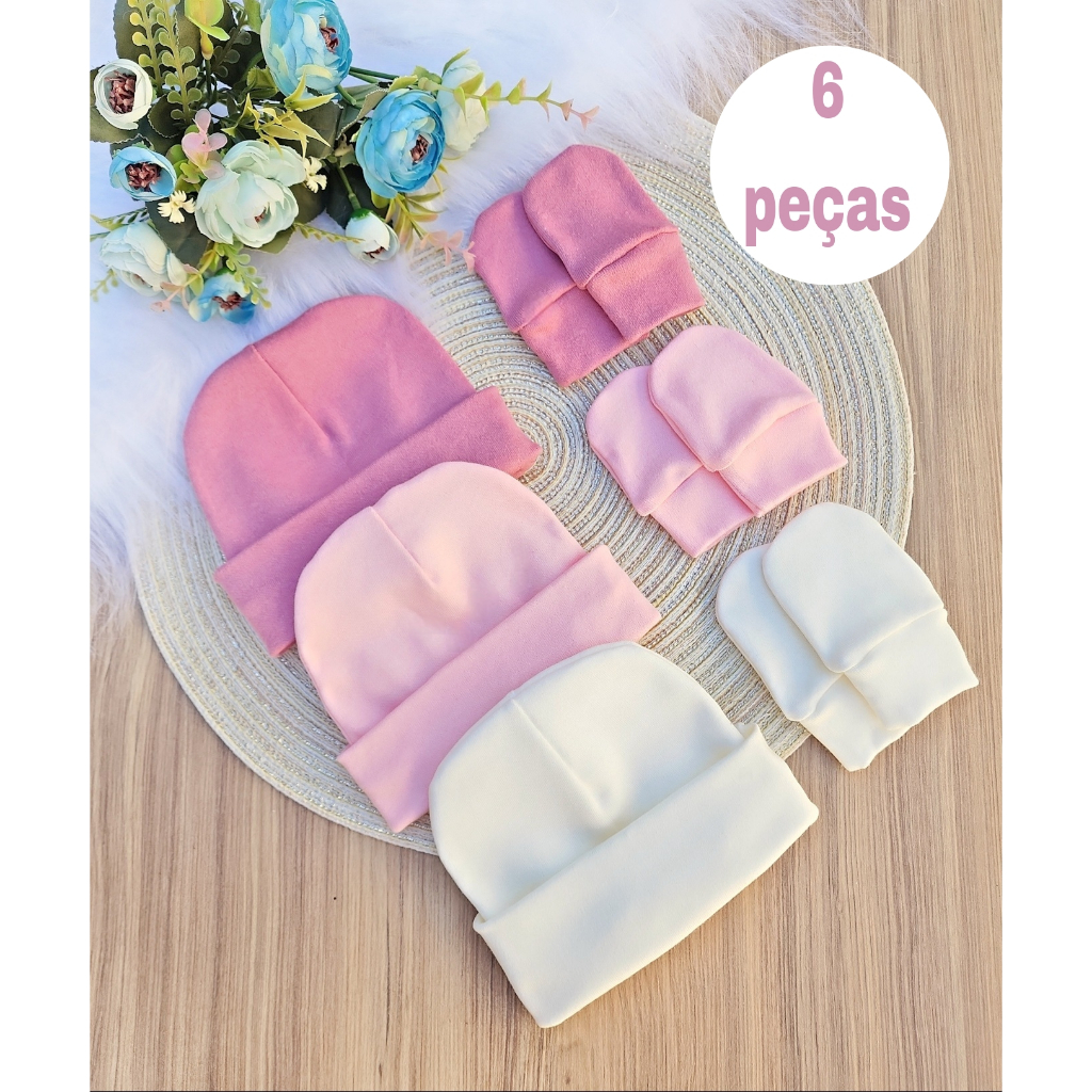 Kit 3 Touca e 3 Luva Para Bebê Recém Nascido 100% Algodão Antialérgico Maternidade em Oferta na Shopee