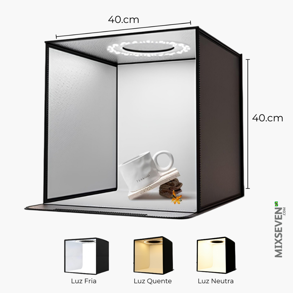 Mini Estúdio Fotográfico Lightbox 40x40cm RGB Dobrável com Iluminação Ajustável – Box Profissional Portátil - Envio 24h