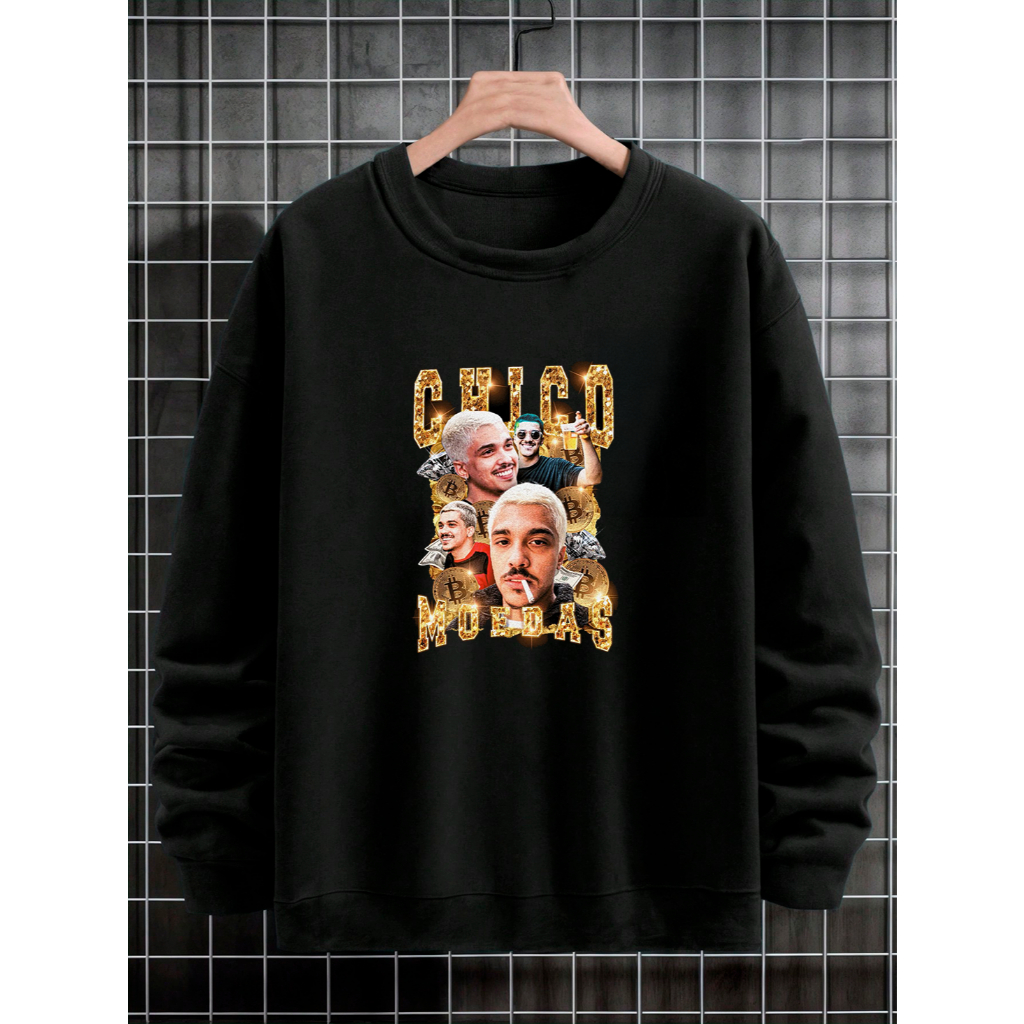 Moletom Gola Redonda Unissex Chico Moedas Blusa De Frio Gola Careca Casaco Feminino e Masculino Flanelado