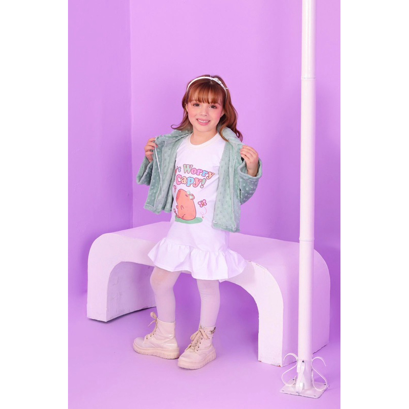 Vestido infantil inverno capivara 3 peças vestido + casaco + tiara roupa capivara menina fantasia festa