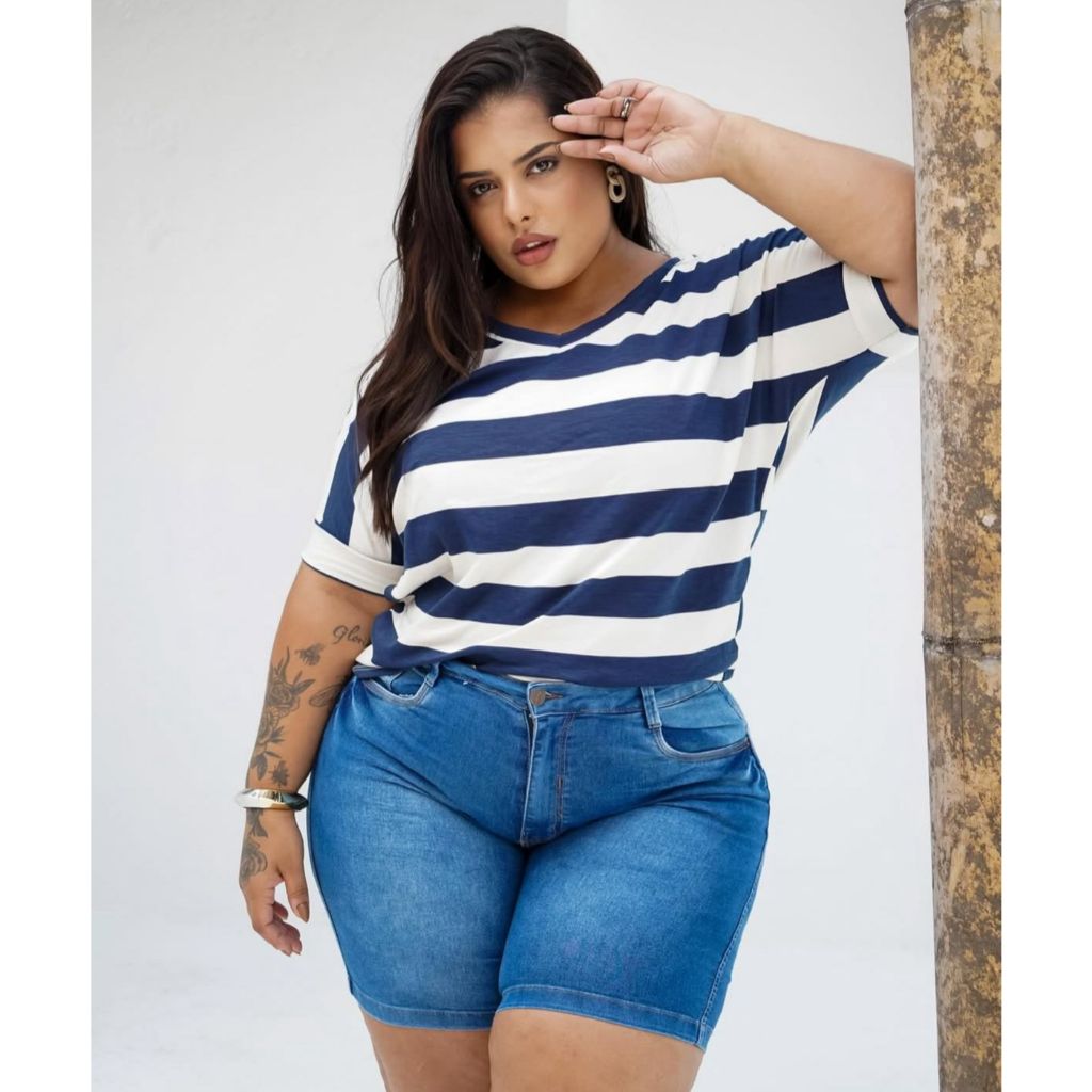 Blusa PlusSize Listrada  T-Shirt Manga Japonesa Viscolycra Tendência Verão