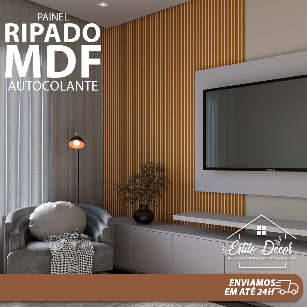 Kit ATÉ 50 Placas Painel Ripado MDF Autocolante 45x11cm – Instalação Fácil em Parede Decorativa