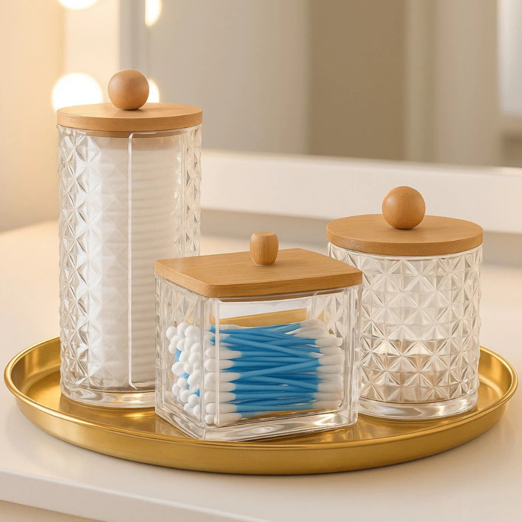 Organizador Porta Algodão Disco Cotonetes Acrílico Tampa Bambu Maquiagem Kit 3 Unidades
