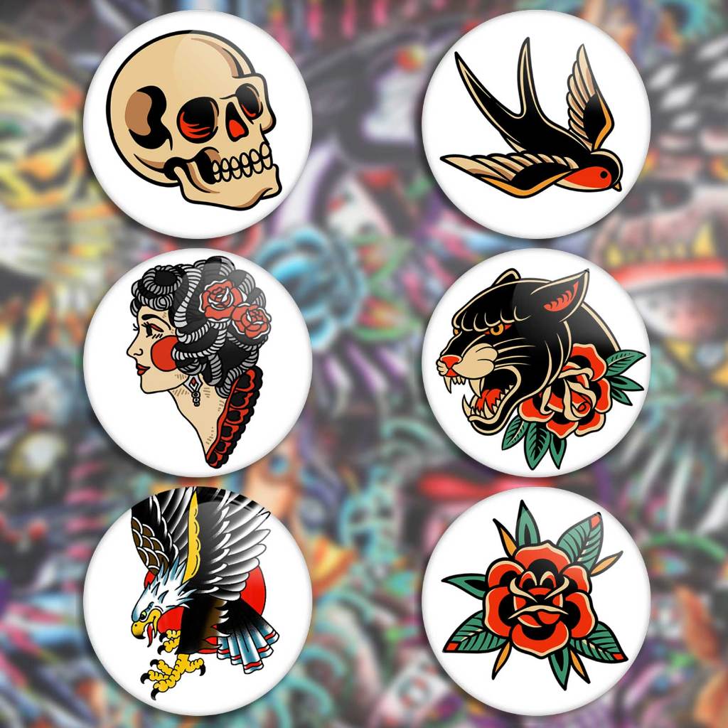 Botons old school tattoo, broche tatuagens old School, pins, buttons caveira, andorinha, rosa, águia, pin up