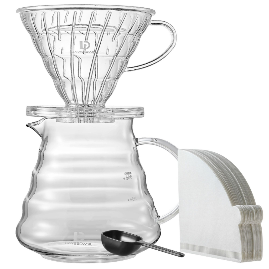 Kit Cafeteira Manual V60-02, de Filtro - Jarra de Vidro + Tampa + Suporte Filtro + Colher Dosadora + 40 Filtros