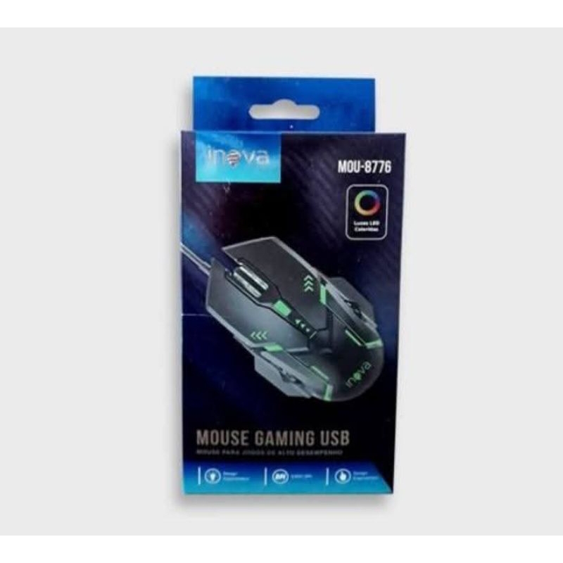 Mouse Gamer USB Inova MOU-8776 RGB 2400 DPI com 6 Botões – Ergonômico, LED Colorido e Cabo 1,4m