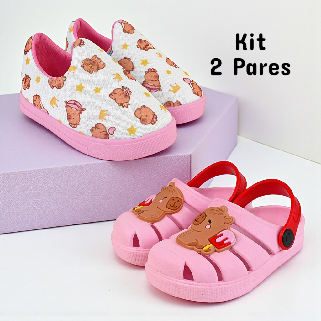 Kit 2 Pares Tênis Calce Facil Infantil Menina e Sandália Babuche Confortável