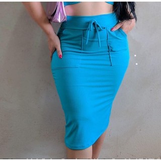 Saia midi com bolso moda evangélica saia canelada lapis