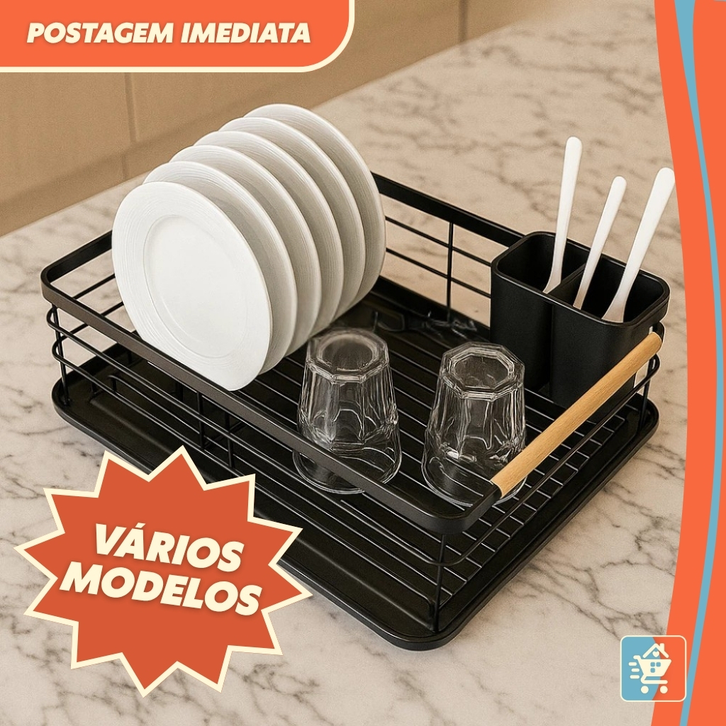 Escorredor de Louças Aço Inox com Alças de Bambu – Bandeja Drenagem + Suporte Talheres – Design Moderno para Cozinha