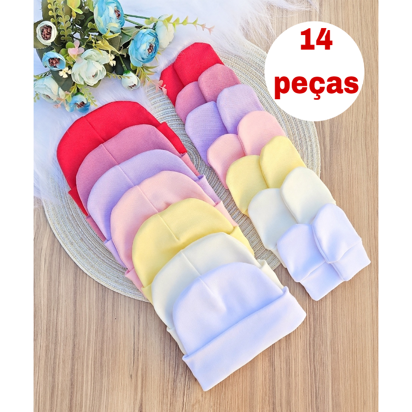 Kit 7 Touca e 7 Luva Para Bebê Recém Nascido 100% Algodão Antialérgico Maternidade em Oferta na Shopee