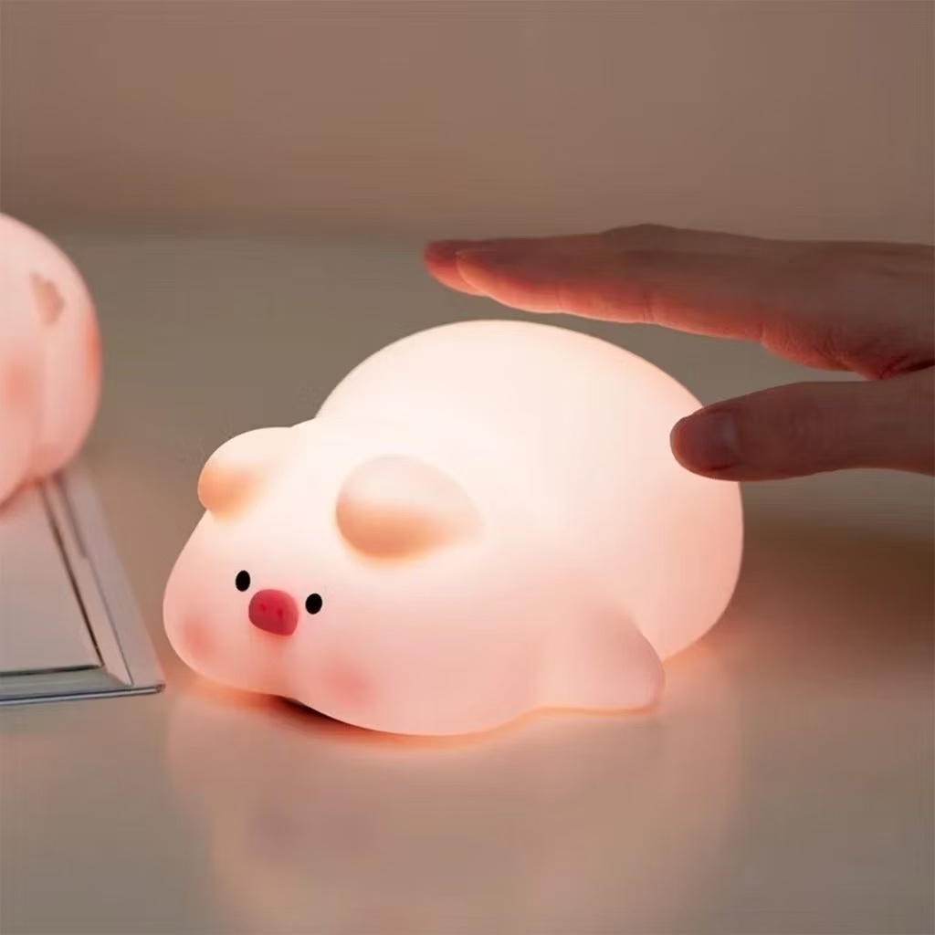 Luminária abajur de mesa porquinho silicone com touch e led recarregável Noturna Abajur Fofo