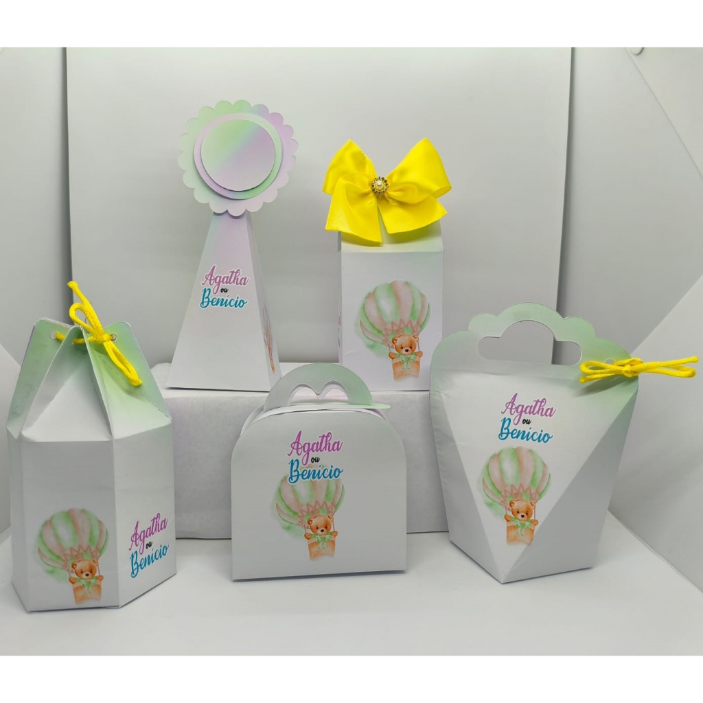 Caixas Personalizadas Chá de Revelação Ursinho Ursinha Balão Sem Laços papel fotográfico Brilho