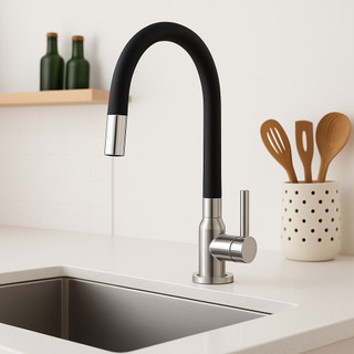 Torneira Bancada/Mesa Cozinha Preta Tubo Flexível Silicone Com Arejador e Giro de 360°