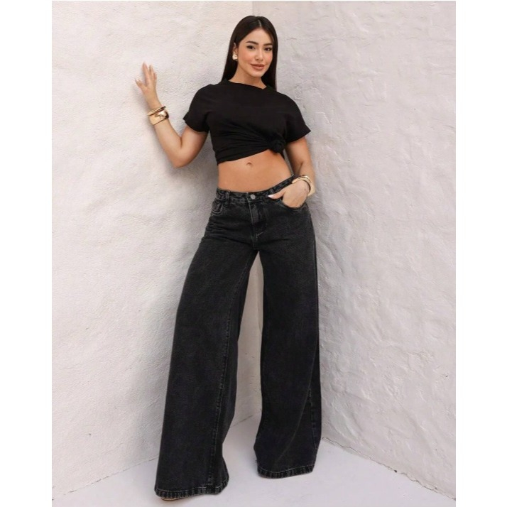 Calça Wide Leg Jeans Feminina Cintura Media Moderna Pronta Entrega Premium em Oferta na Shopee