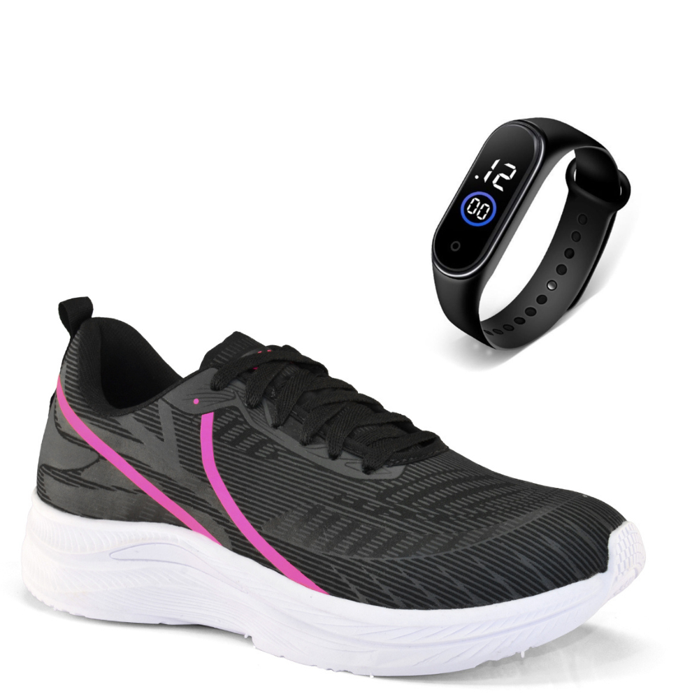 Tênis Feminino Casual Leve + Kit Relógio Academia Barato Macio Confortável Caminhada Promoção