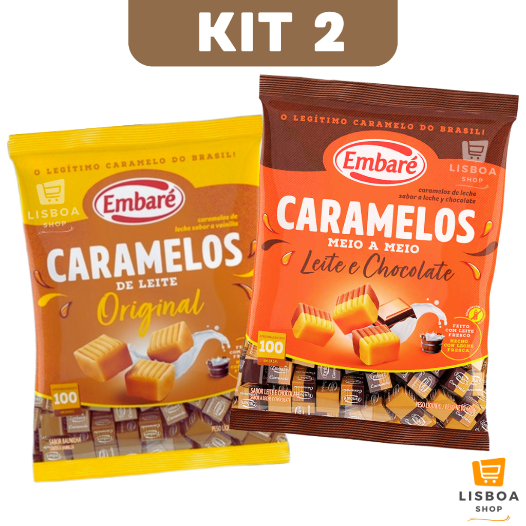 Bala De Caramelo de Leite c/Chocolate Doce Tradicional Kit 2 Pacotes 660g C/100un cada - Embaré