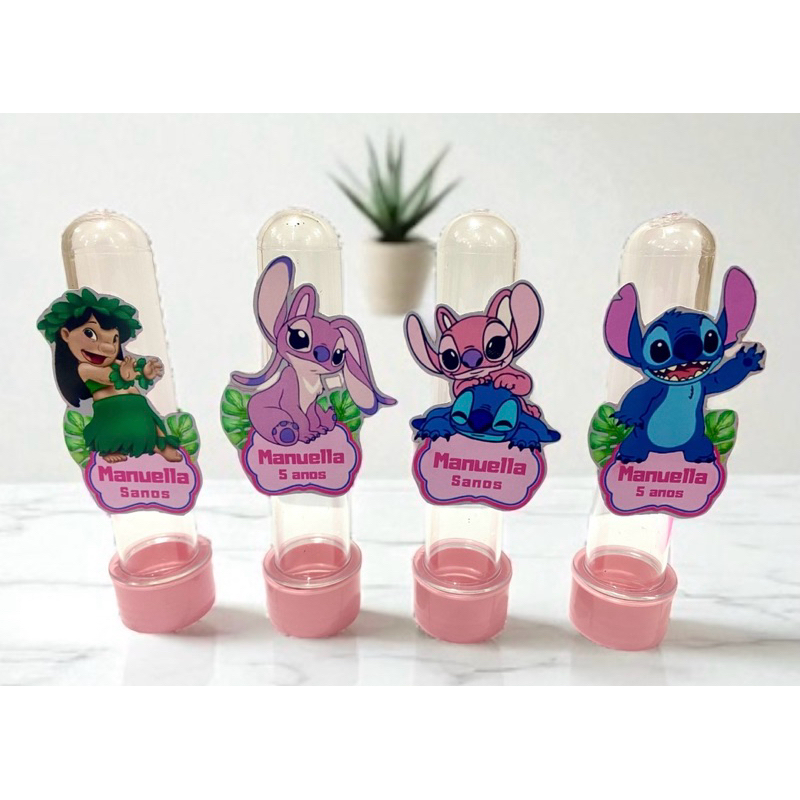 Tubete 13cm+Aplique Personalizado 3D TAG nome e idade- Stitch Angel Lilo Disney – Lembrancinha Festa Infantil