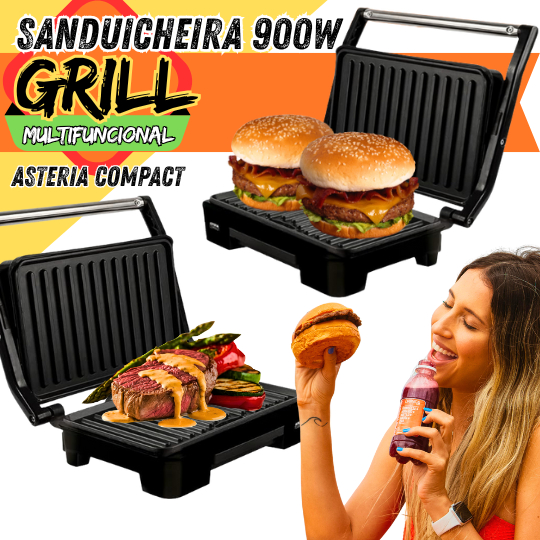 GRILL SANDUICHEIRA MALLORY ASTERIA PRESS INOX 900W AJUSTÁVEL ANTIADERENTE 110V/220V COM COLETOR
