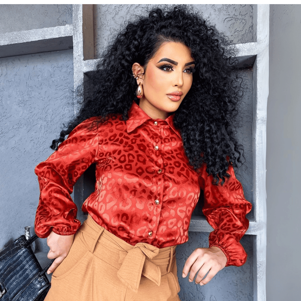 Blusa Social Cetim Botões Gola Manga Comprida Oncinha Sofisticado Cor Terracota