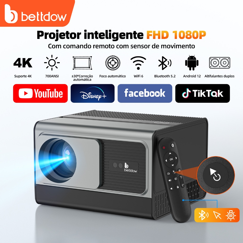 BETTDOW Projetor totalmente selado 4K 8K 700ANSI 22000Lumens Android WiFi LED Projetor de filme de vídeo LED em Oferta na Shopee