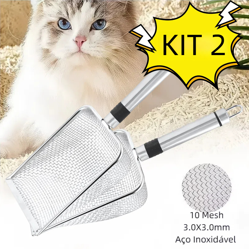KIT Pá Higiênica para Areia de Gato em Aço Inoxidável 304 -Peneira Coletora Antiferrugem p...