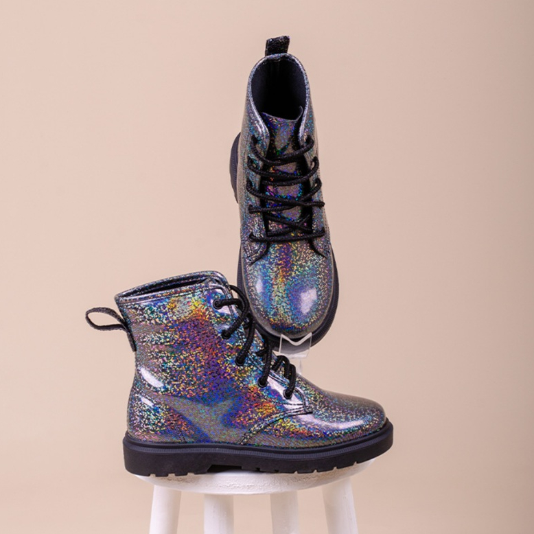 Bota Infantil Coturno Preta Com Brilho Fashion Cano Curto Com Cadarço Confortável - Baby & Kids Fashion