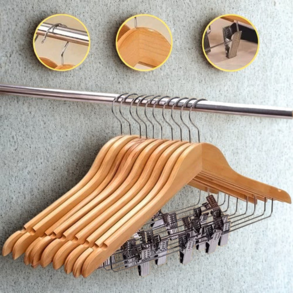KIT Cabide de Madeira com Presilha Envernizado Organizador de Guarda Roupa vestidos roupas