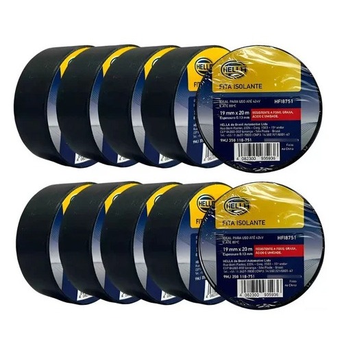 Kit 10 Unidades Fita Isolante Pvc 19mm X 20m Hella Cor Preto Lisa