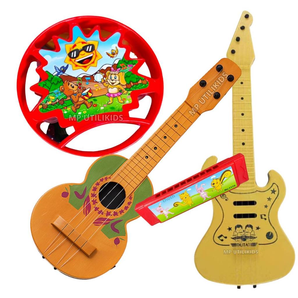 Kit Violão Infantil Pandeiro Gaita Guitarra Instrumentos Musicais Brinquedo Pedagógico Menino Menina