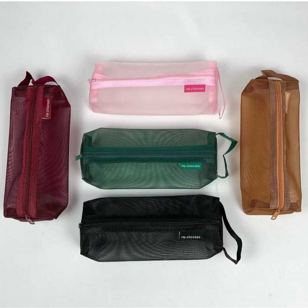 Estojo Necessaire de Lápis de Nylon de Malha Tela Zíper Transparente Cores