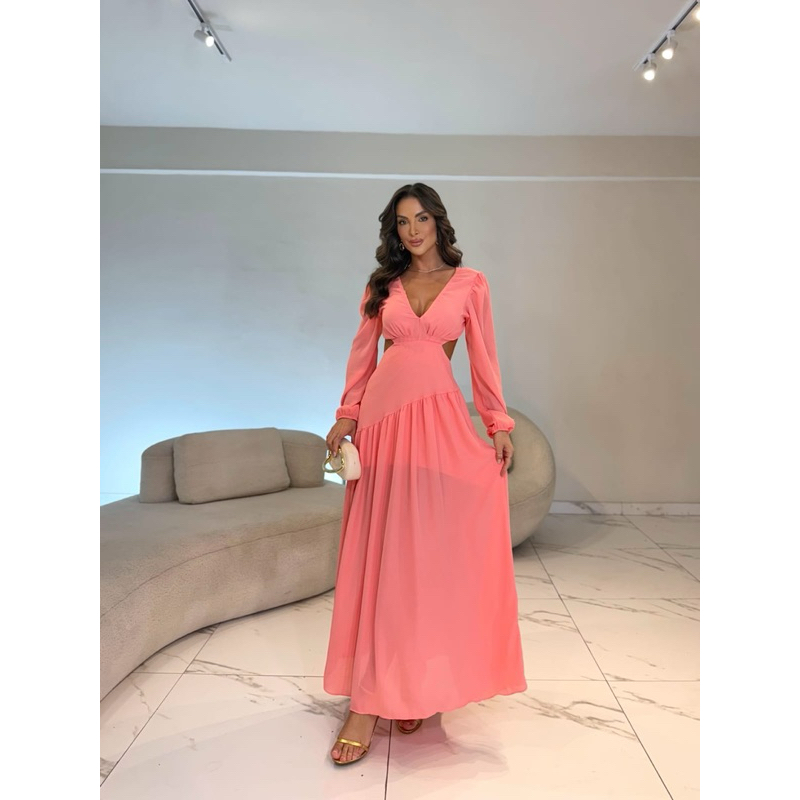 Detalhes do Vestido longo Solange elegante chiffon decote V manga cumprida amarração nas costas