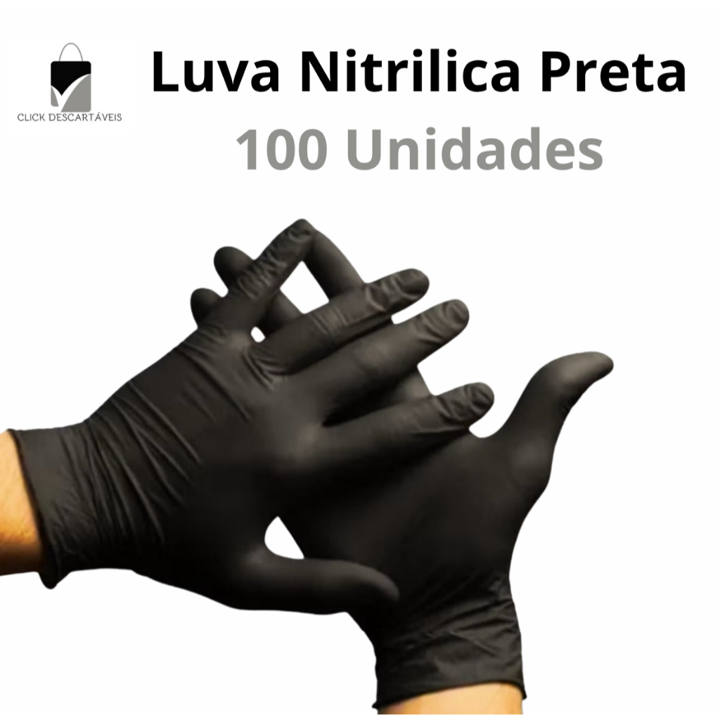 Luva Nitrilica Preta 100 Unidades Sem Pó - PP, P, M, G em Oferta na Shopee