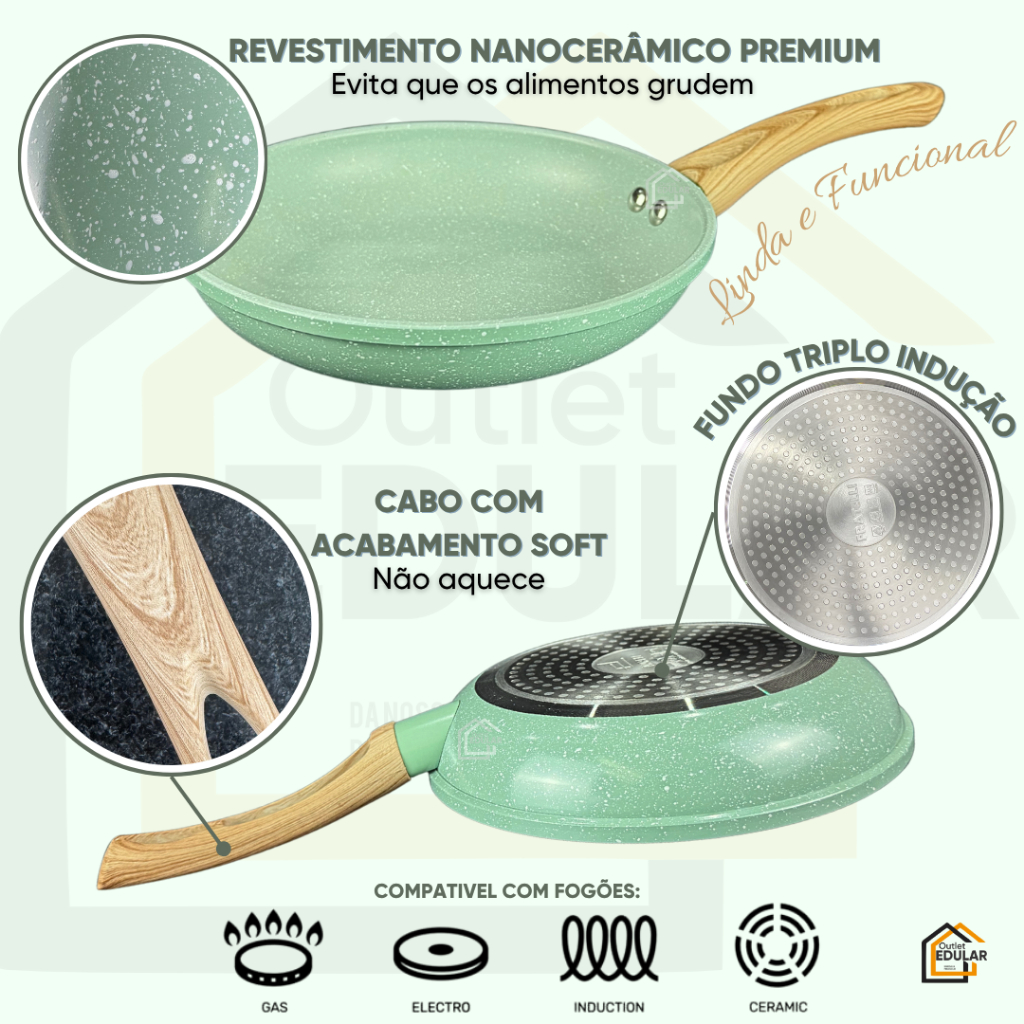 Frigideira 20 cm Indução Antiaderente Cerâmica Não Gruda com Tampa Vidro e Espátula Verde Turquesa