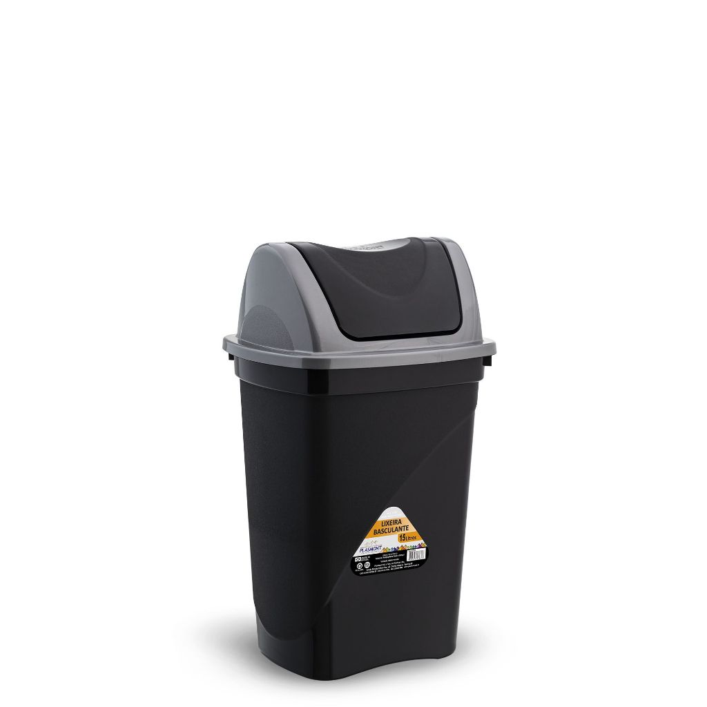Lixeira Basculante 15L Preta Tampa Cinza Plástico Resistente p/ Cozinha Banheiro Casa