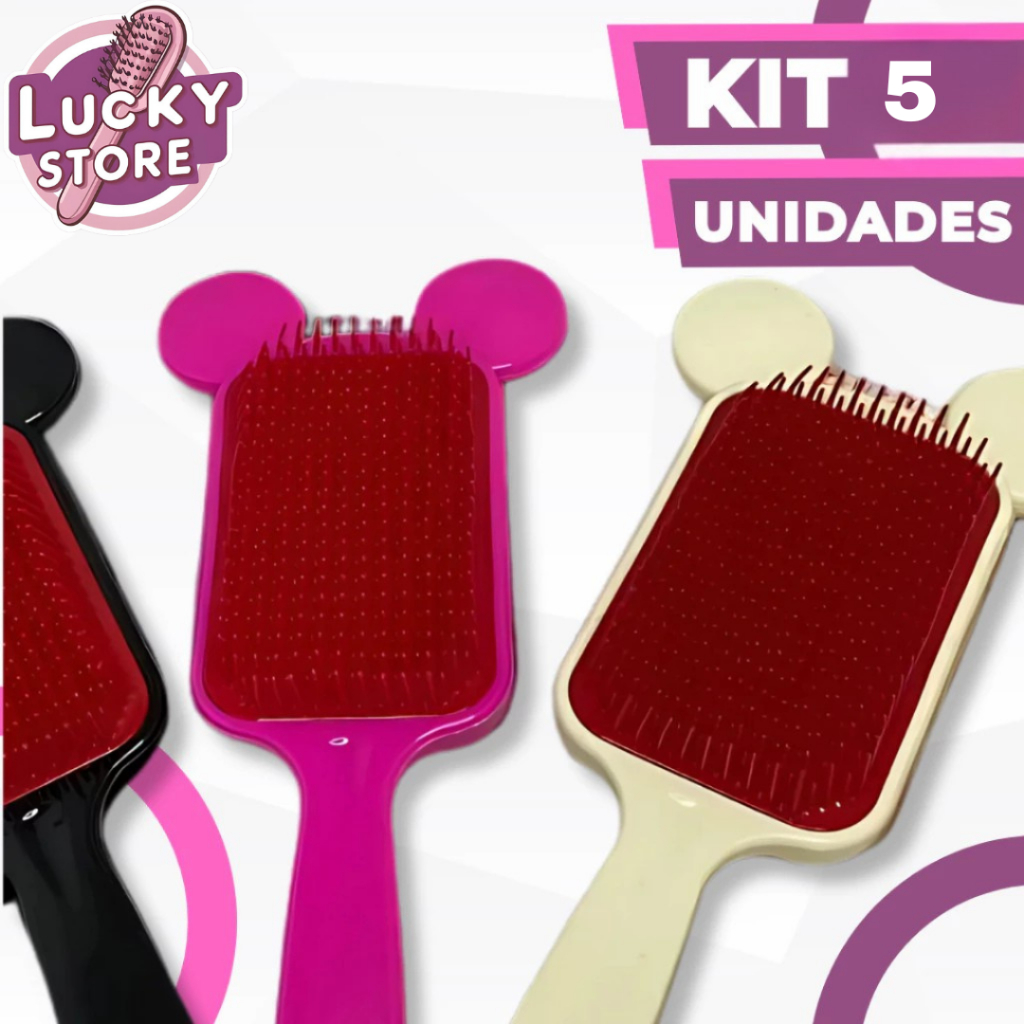 Kit 5 Escova com Orelhinha Raquete Flex Para Todos os Cabelos
