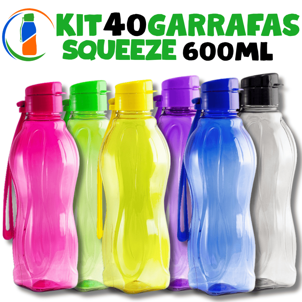 Kit 40 Garrafa Squeeze Grande 600ml – Ideal para Esporte, Escola ou Trabalho